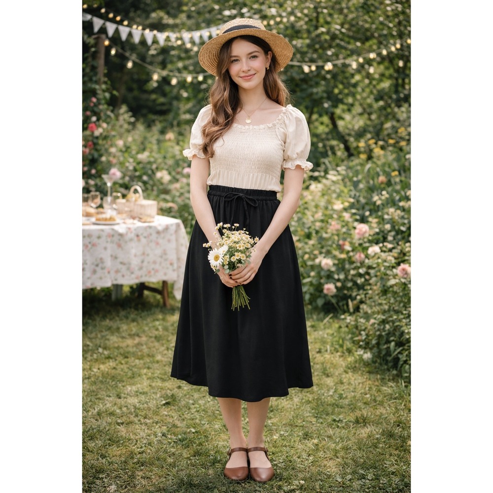 Faded Glory Black Midi Skirt Small 4-6 Elastic Drawstring Waist Cottagecore Girl - Picture 2 of 10